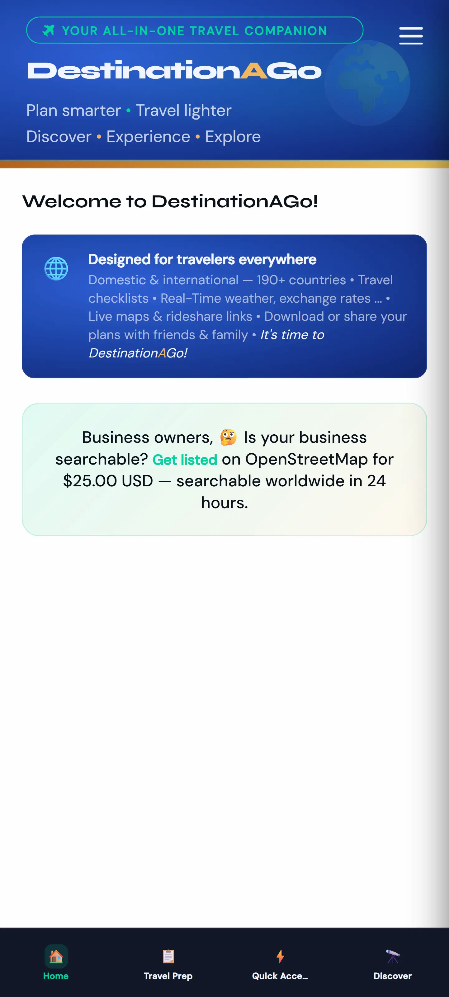 DestinationAGo Home screen