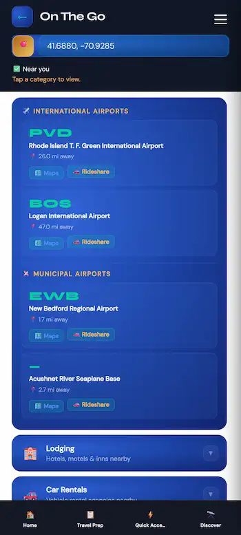 Find nearby airports and travel essentials