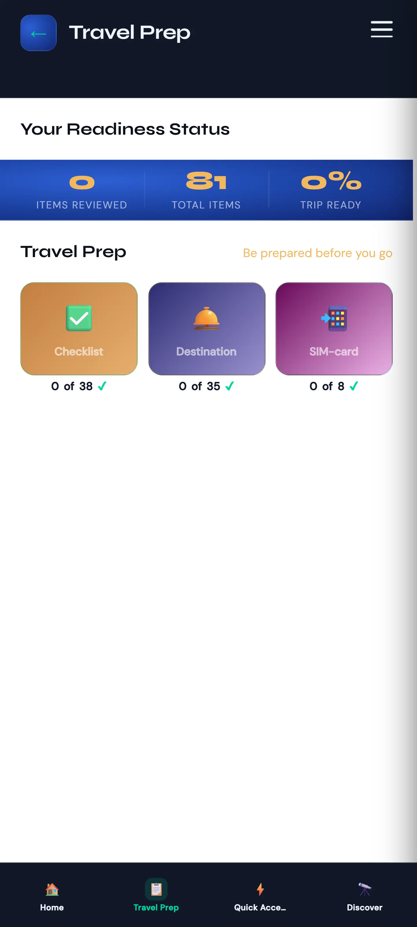 DestinationAGo Travel Prep screen