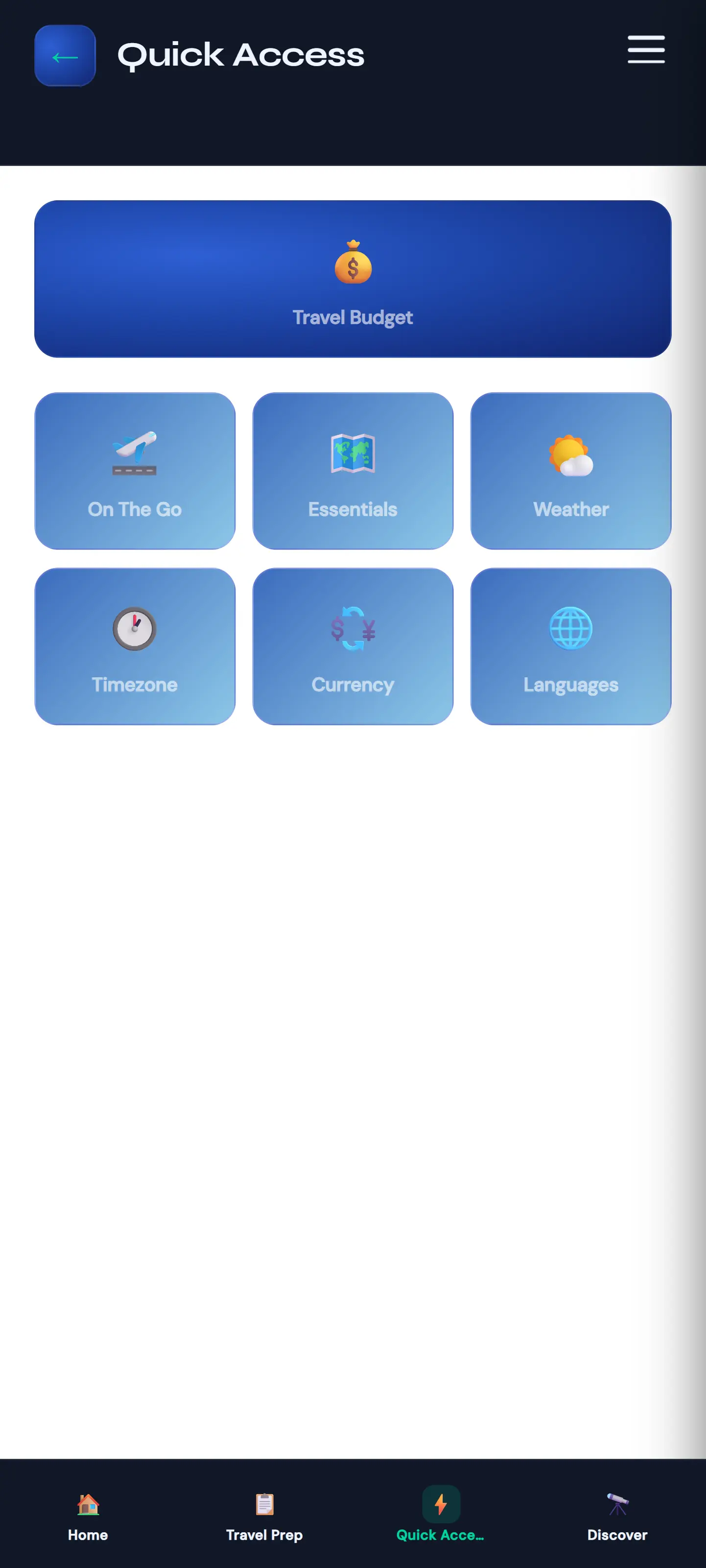 DestinationAGo Quick Access screen
