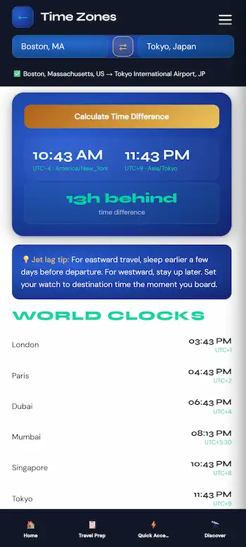 Get real-time time zone calculations and world clocks